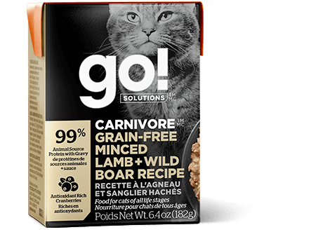 GO! TETRA PACK 6.4OZ CAT FOOD CARNIVORE LAMB AND WILD BOAR (BB: 10/09/2022)