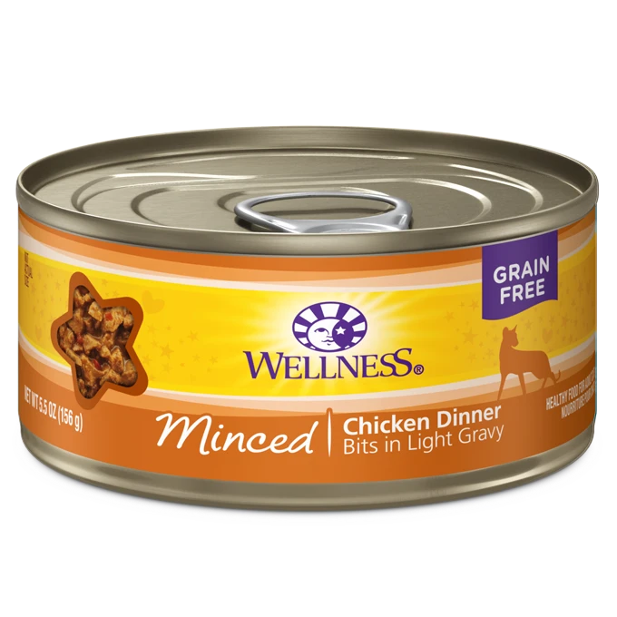 WELLNESS 3OZ CANNED CAT FOOD MINCED CHICKEN DINNER